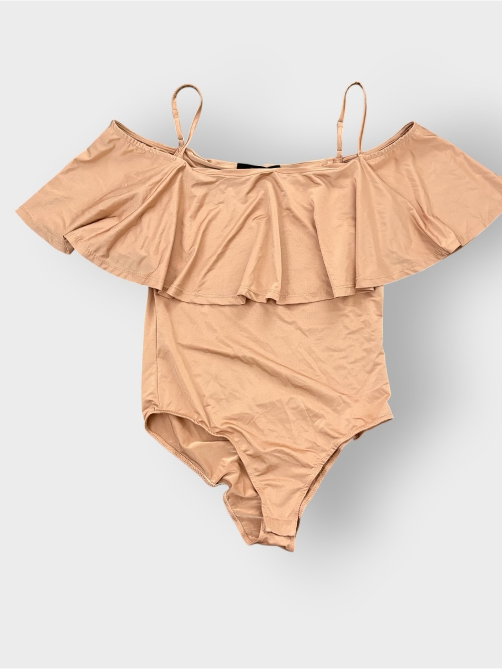 Forever 21 Peach Nude Off the Shoulder Ruffle Bodysuit - Stretchy